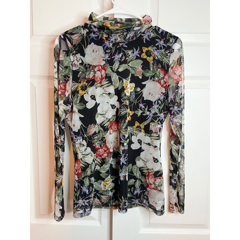 INC International Concepts Fall Floral Mesh Mock Neck Long Sleeve Top Black M